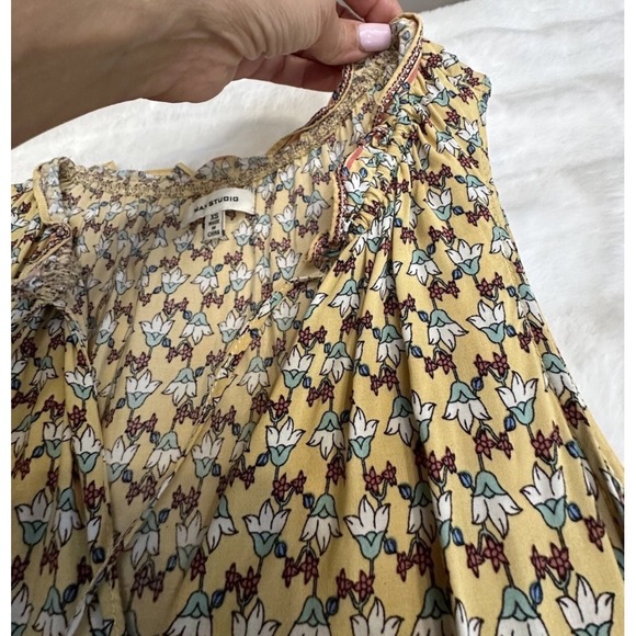 Max Studio Yellow Floral Tiered Mini Dress Sleeveless Boho Tie Neck XS - Picture 7 of 7